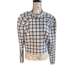 Asos Plaid Long Sleeve Cropped Open Back Mock Neck Blouse Top White Black US 14